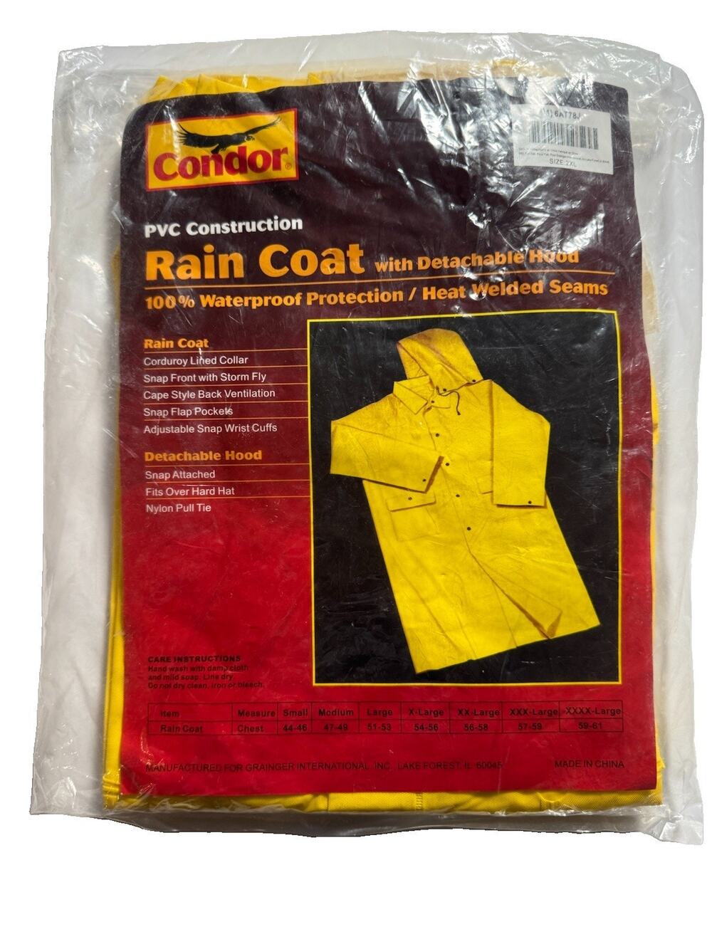 Condor PVC Rain Coat Detachable Hood Yellow 2XL Waterproof NIP Grainger